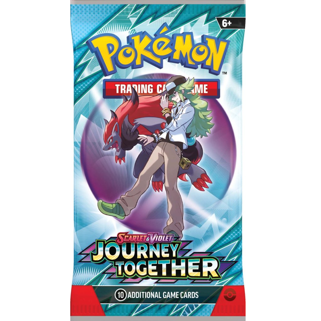 A booster pack of Pokémon TCG featuring characters from the Scarlet & Violet Journey Together expansion.